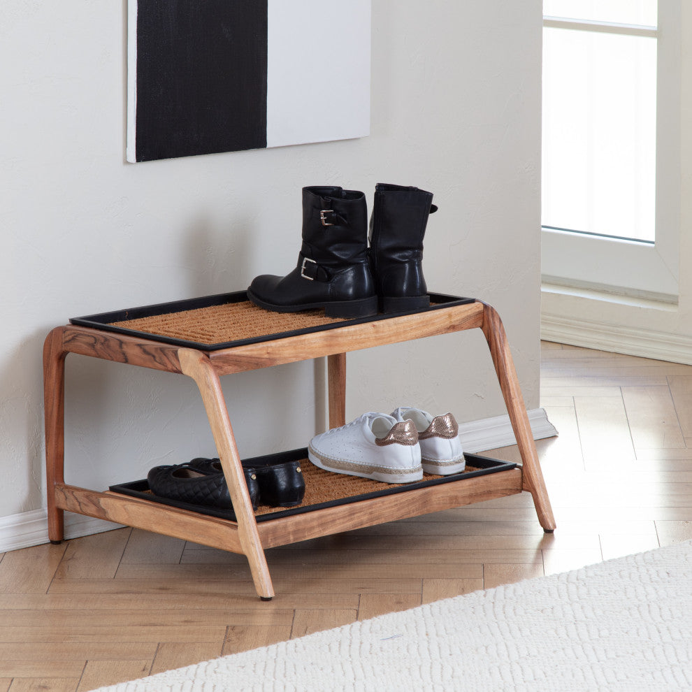 Double-Tier Natural Stand With 2-Pair Rubber Boot Trays Rectangle Ripple