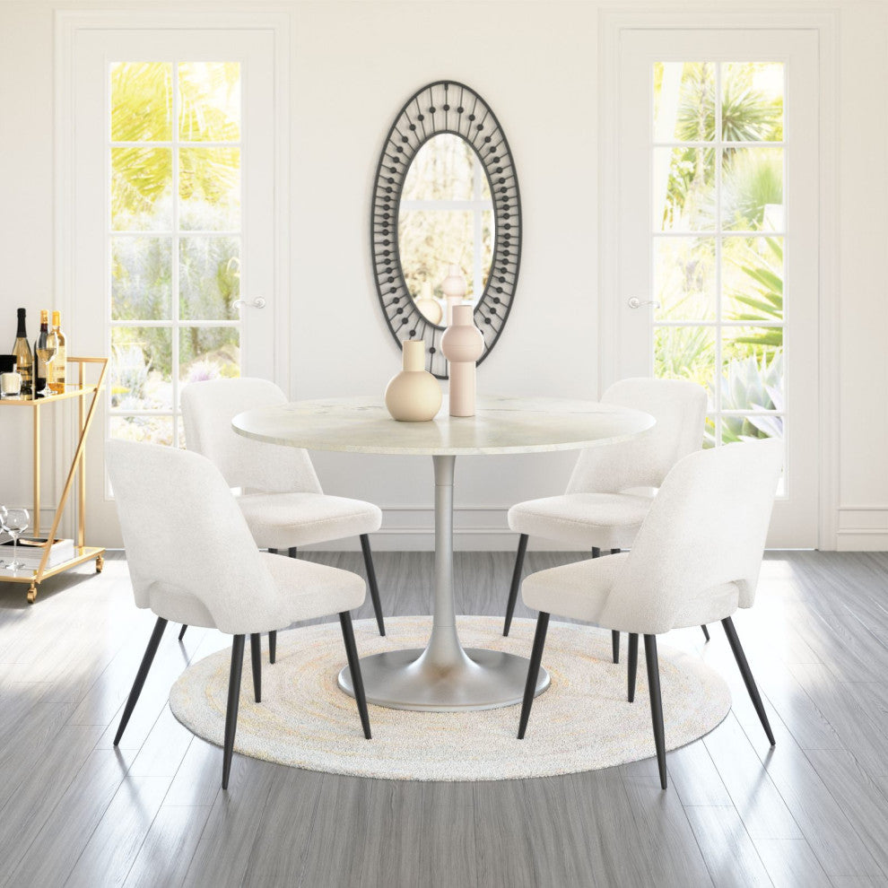 Dining Chair, Set of 2, Steel Metal, Fabric, Ivory, Black, Kitchen Cafe Bistro