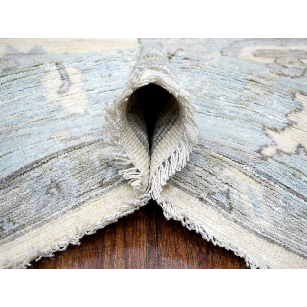 Ivory Hand Knotted Afghan Angora Oushak With Leaf Design Soft Wool Rug, 8'x9'9"