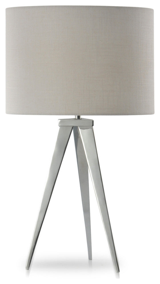 Leo Metal Tripod Table Lamp, Chrome Finish, Off White Fabric Shade