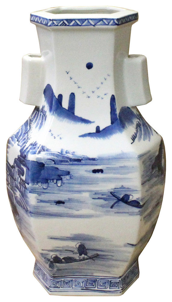 Chinese Blue and White Porcelain Oriental Mountain Scenery Graphic Vase Hcs3609