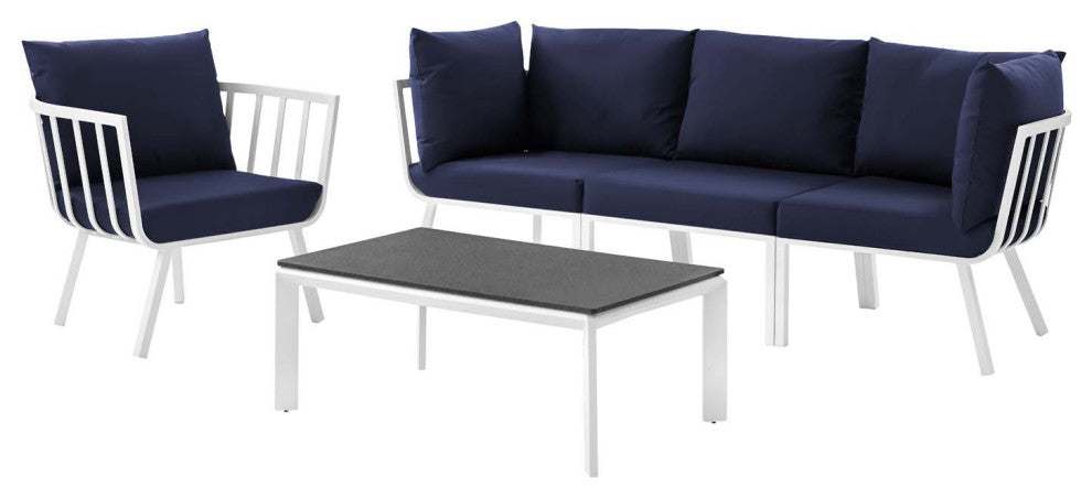 Lounge Sectional Sofa Chair Set, Aluminum, Metal, White Blue Navy, Outdoor