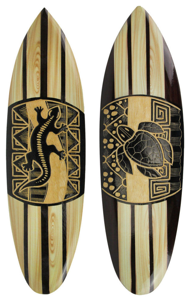 Set Of 2 Hand Carved Wood Surfboards Tiki Decor Lizard Turtle Wall Hanging Art