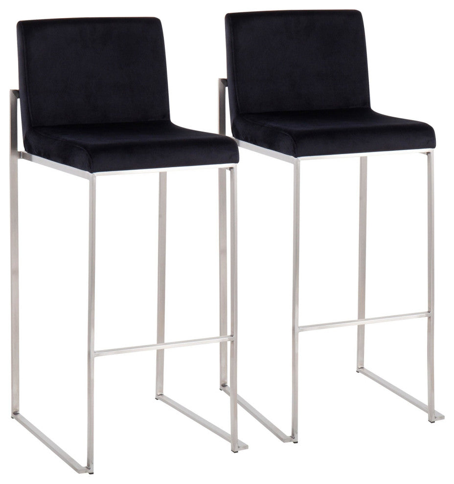 Fuji High Back Barstool, Stainless Steel/Black Velvet, Set of 2