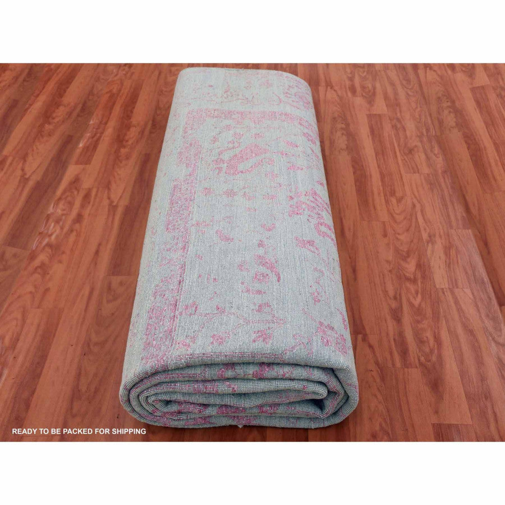 Sage Gray Broken Erased Persian Design Wool and Silk Hand Knotted Rug, 9'x11'10"