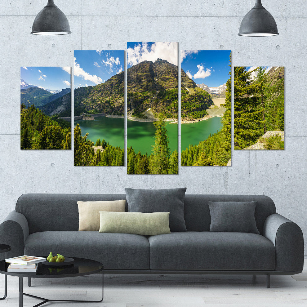 Greeny Alpine Reservoir, Landscape Canvas Art Print, 60"x32", 5 Panels