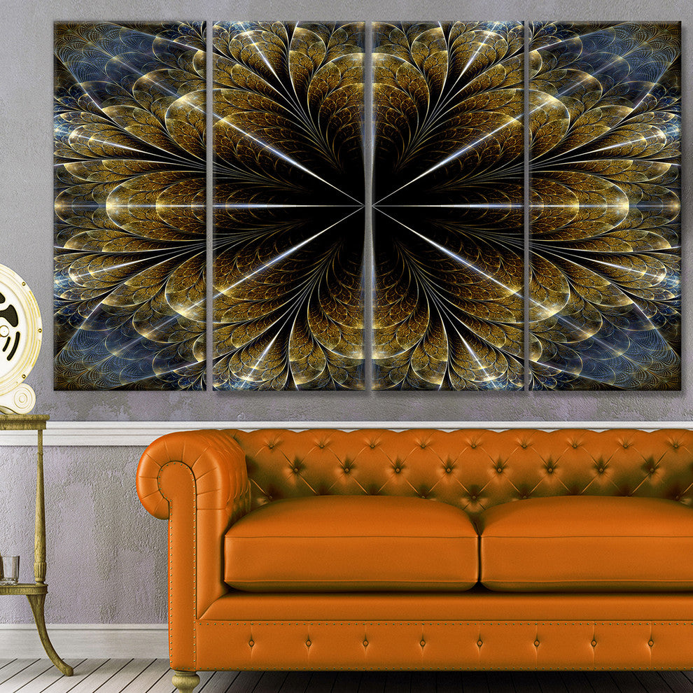 Symmetrical Gold Fractal Flower, Abstract Canvas Art Print, 48"x28", 4 Panels