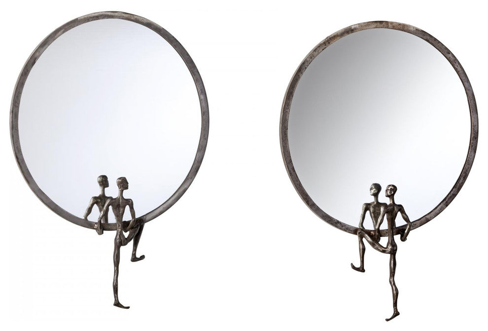Modern Minimalist Man Iron Wall Mirror, Round Sculpture 18" Rustic Left Facing
