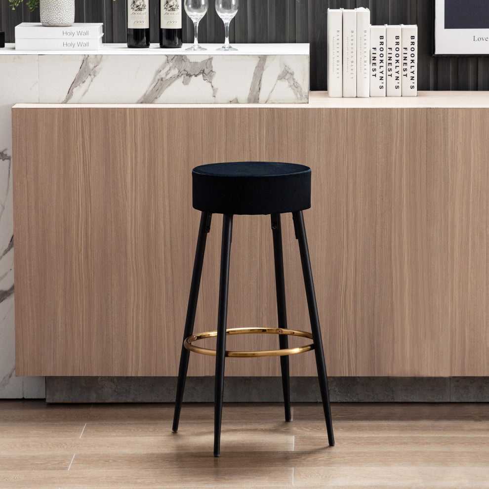 Minimalist Round Bar Stools, Black Velvet - 1 Piece, 30 Inch