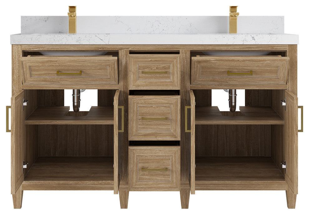 Santa Monica 60 Double Sink Bathroom Vanity in Whitewashed Teak 2" Empira Quartz