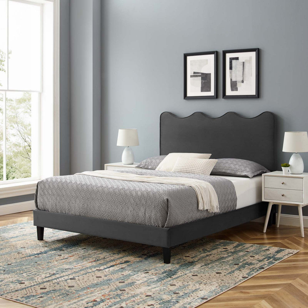Platform Bed Frame, King Size, Charcoal Gray, Velvet, Modern, Guest Suite