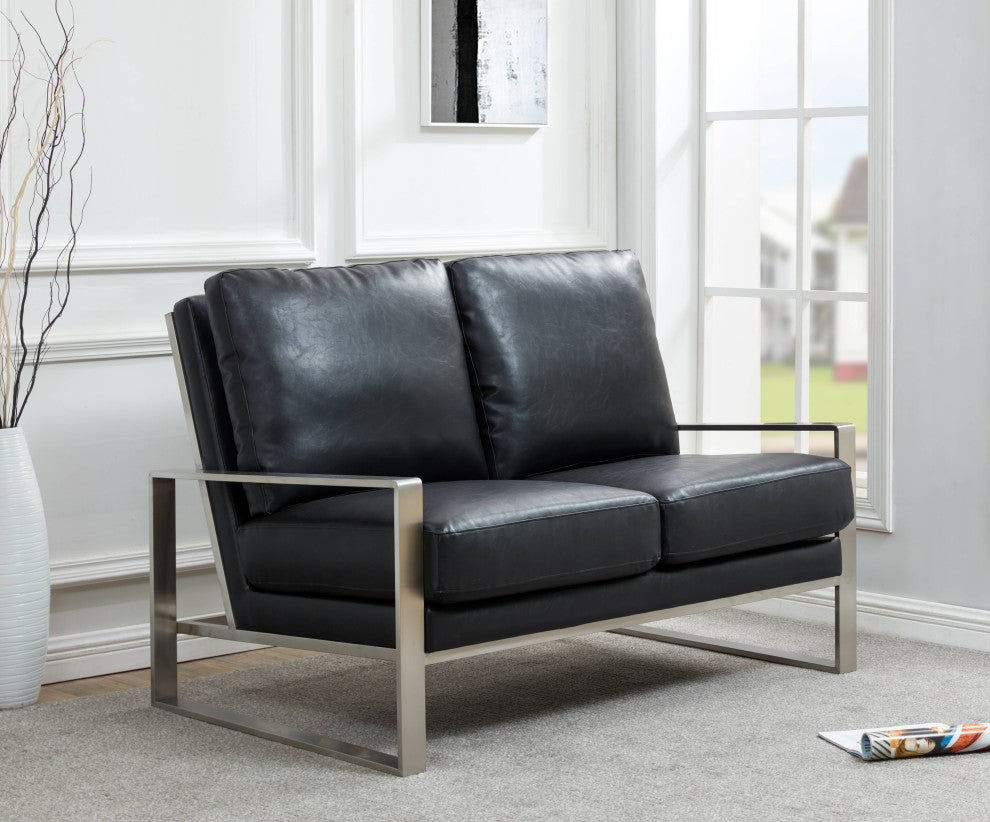 LeisureMod Jefferson Modern Faux Leather Loveseat With Silver Frame, Black