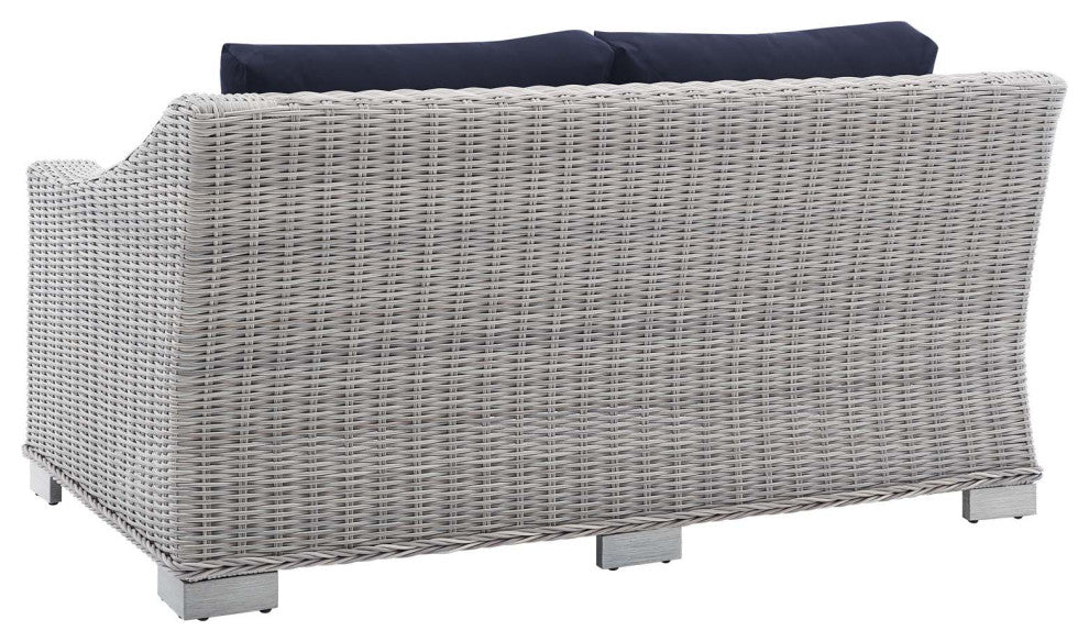 Lounge Loveseat Sofa, Sunbrella, Rattan, Wicker, Gray Blue Navy, Outdoor