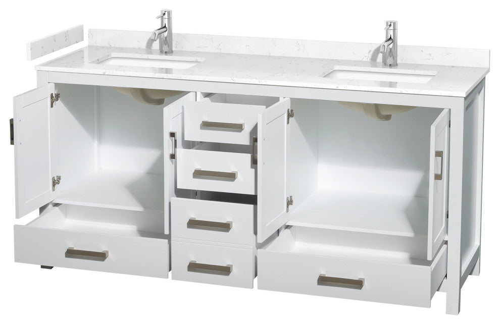 72" Double Bath Vanity, White, Carrara Cultured Marble Countertop, Sinks