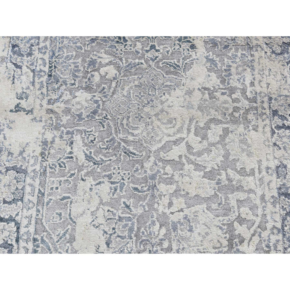 Gray, Erased Kashan Design, Wool With Silk Hand Knotted Runner Rug, 2'6"x9'10"