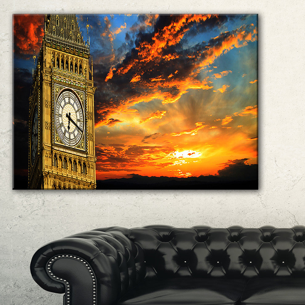 "Big Ben London At Sunset Panorama" Extra Large Wall Art Landscape, 32"x16"