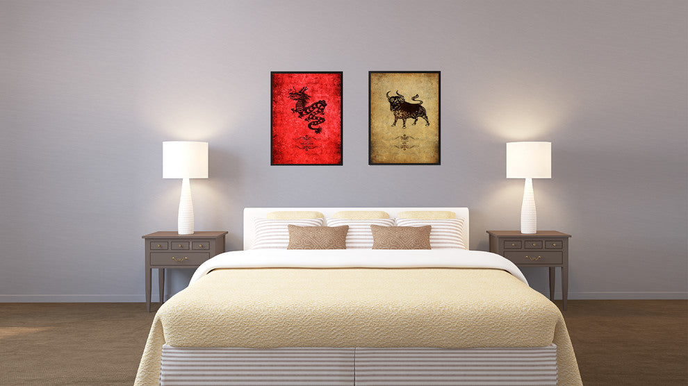 Ox Chinese Zodiac Brown Print on Canvas with Picture Frame, 13"x17"