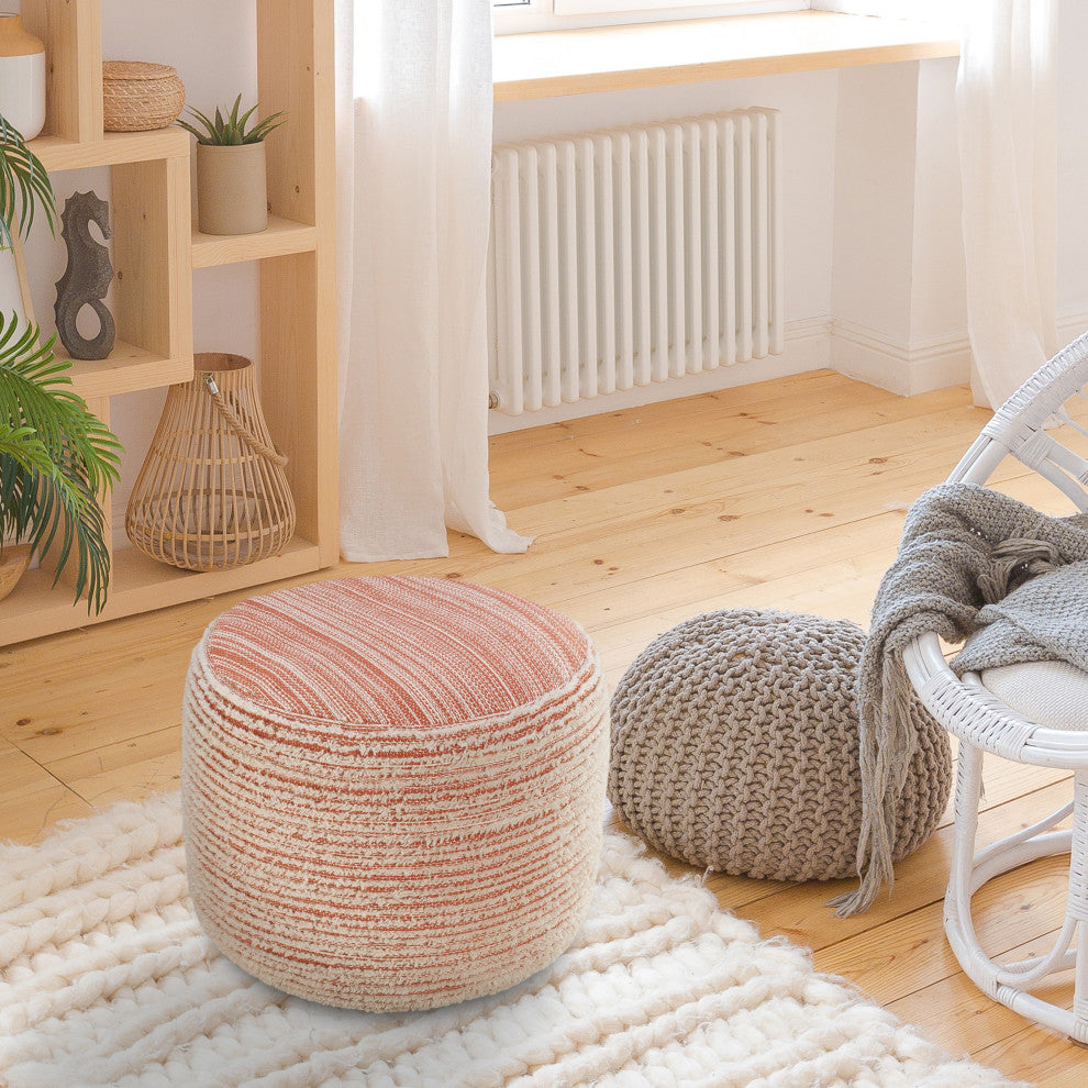 Tropical Textured and Distressed Pouf, Coral/White