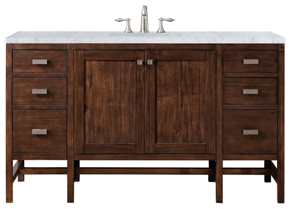 Addison 60" Single Vanity Cabinet, Glossy White, Mid Century Acacia, Carrara Marble, Three-Hole