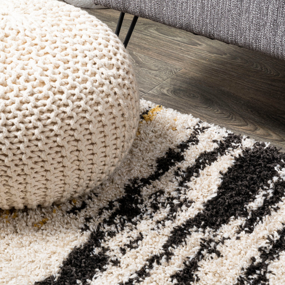Nova Modern Bold Strie' Shag Beige/Black/Yellow 5'x8' Area Rug