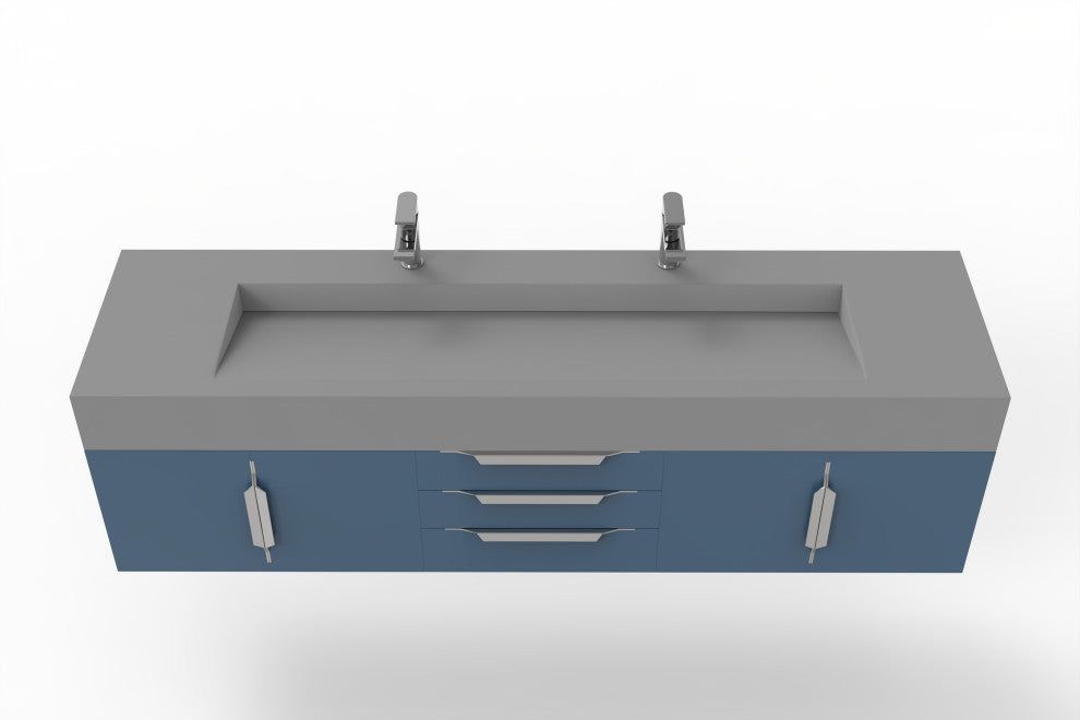 CastelloUSA Nile 72" Wall Mounted Bathroom Vanity Set, Blue, Gray Top, Chrome Handles