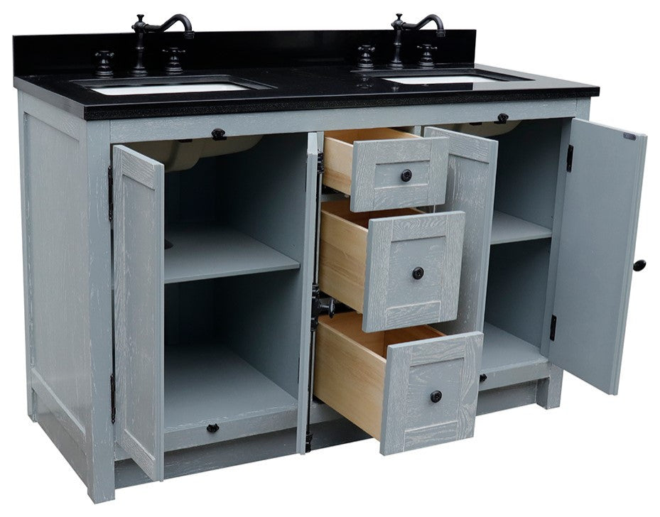 55" Double Vanity, Gray Ash Finish With Black Galaxy Granite Top