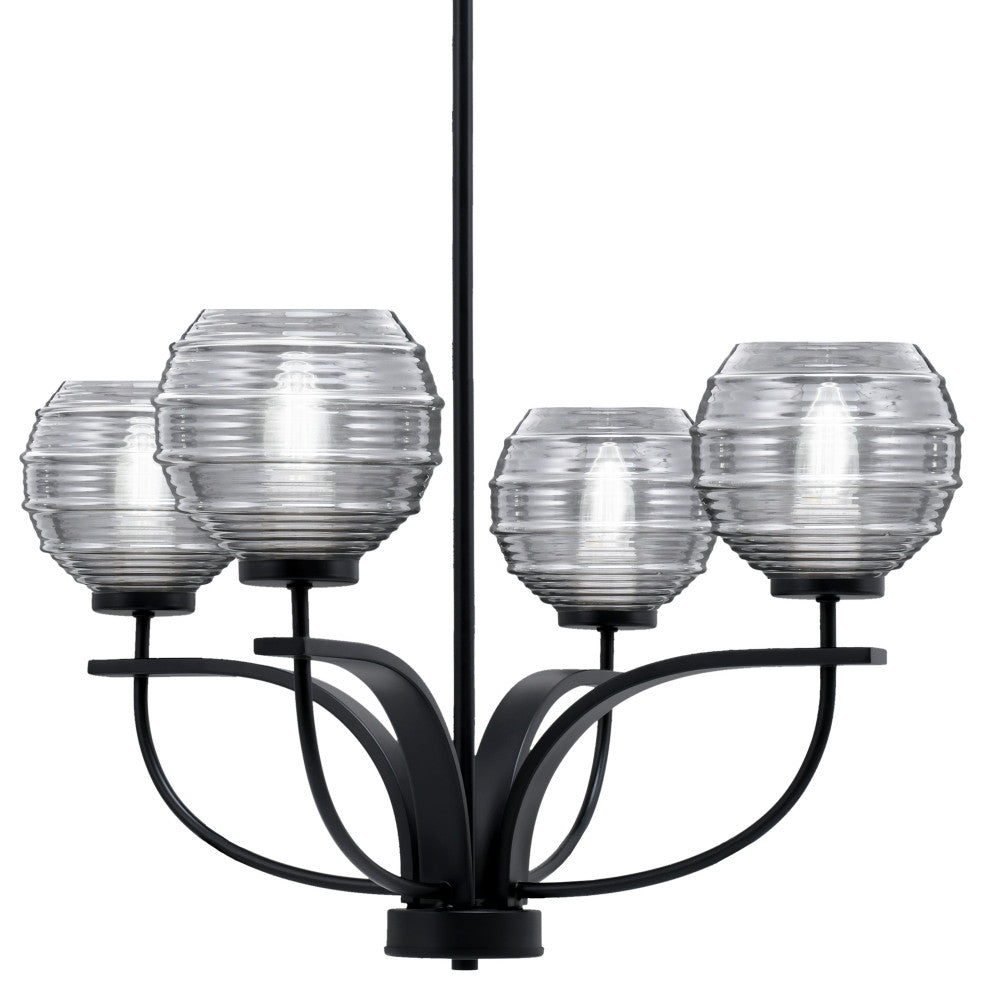 Cavella 4 Light Chandelier, Matte Black Finish, 6" Smoke Ribbed Glass