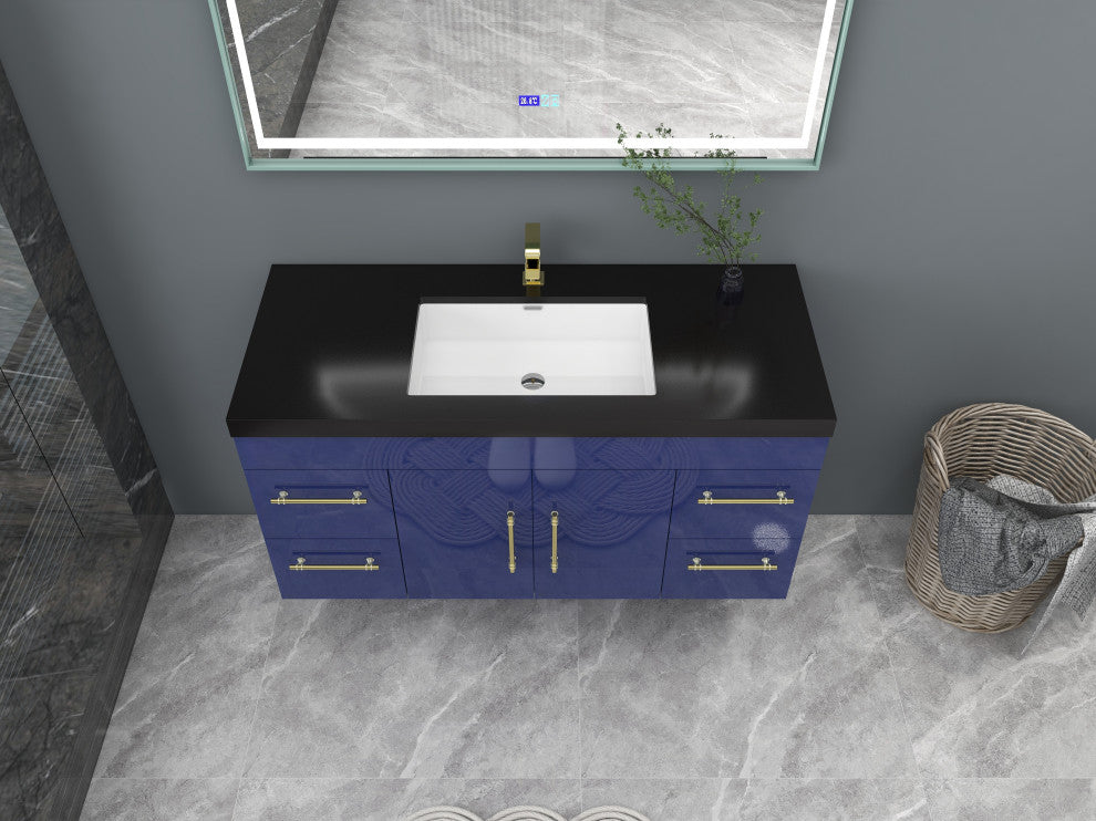 Rosa 48" Wall Mounted Modern Vanity, High Gloss Night Blue, Matt Black Top