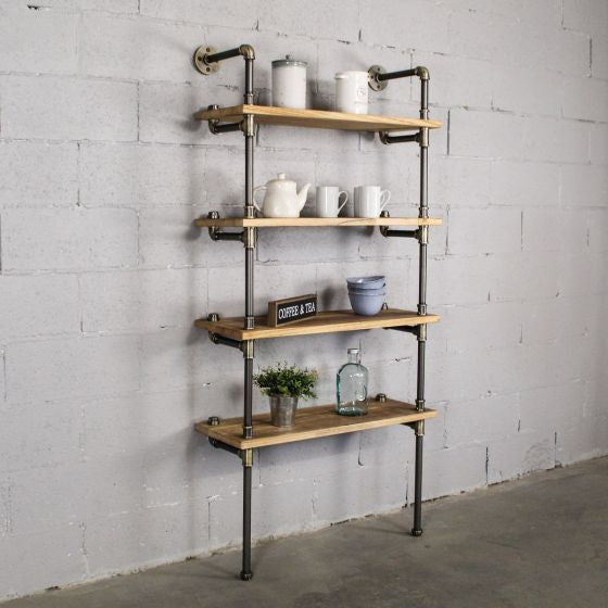 Sacramento Industrial 33" 4-Tier Bookcase, Brushed Brass Gray Steel/Natural Wood