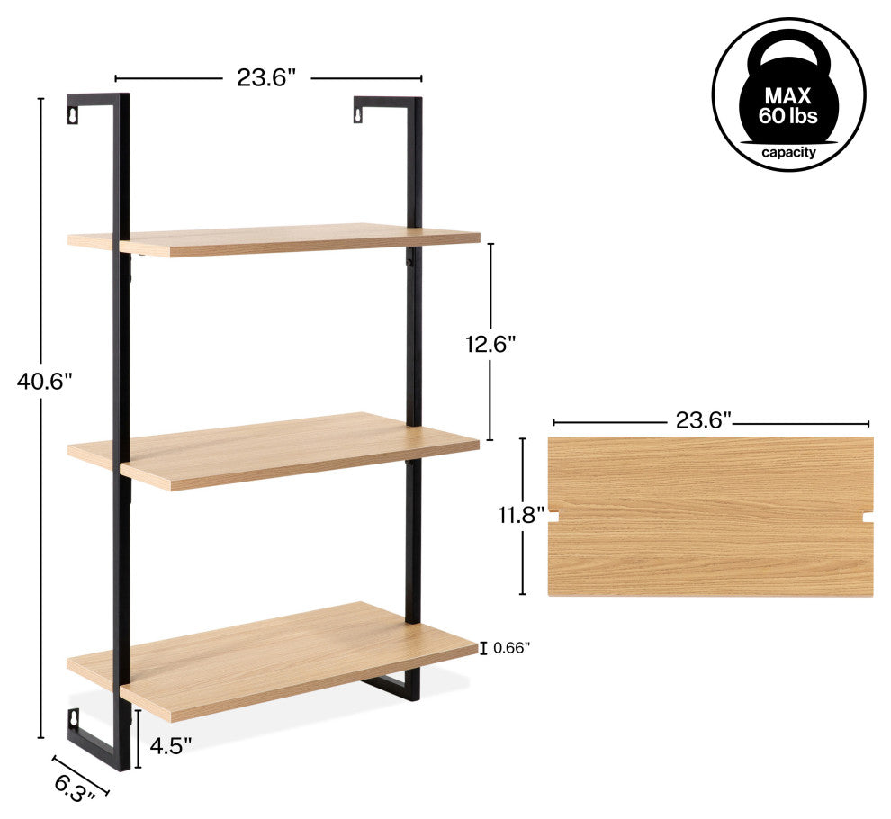 Madera Industrial 3-Shelf Wood Wall-Mounted Open Ladder Bookcase, Metal Frame