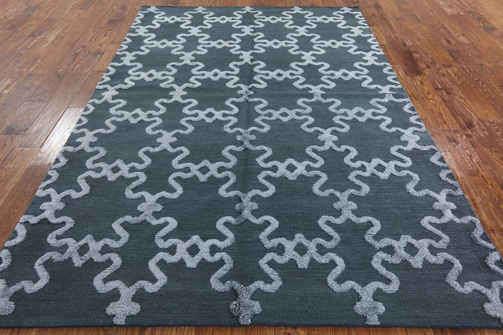 Moroccan Blue Modern Hand-Knotted Oriental Wool Rug, 6'x9'