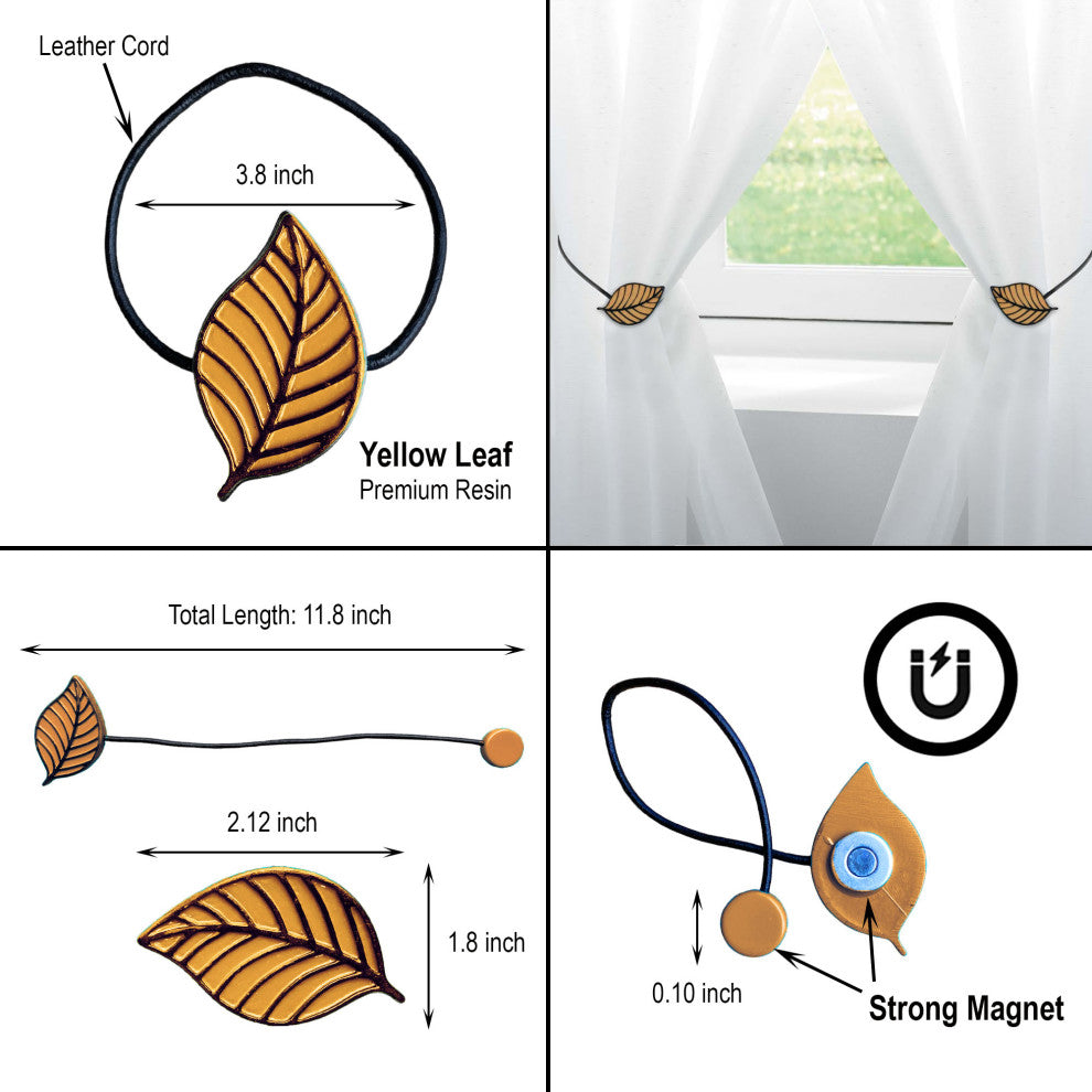 Magnetic Curtain Tiebacks "“ Leaf Design in Resin, Yellow, Pack of 1