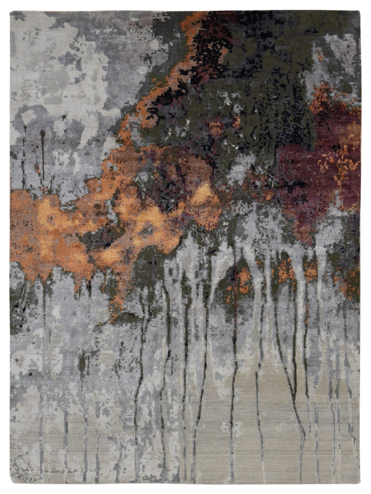 Gray, Abstract Dripping Design, Wool and Silk, Hand Knotted Rug, 8'10"x12'3"