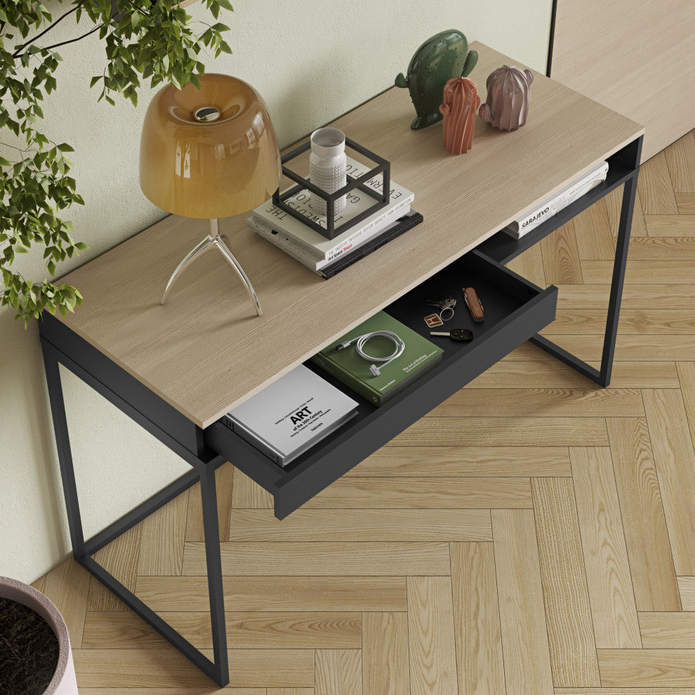 Modern Minimal European Home Desk, Oak and Gray
