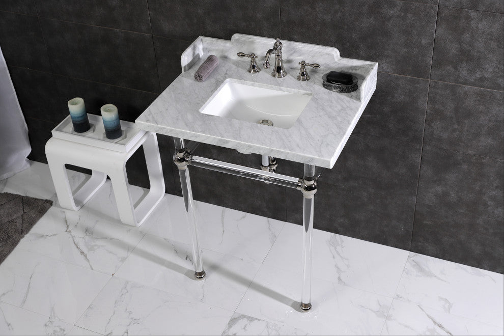 Kingston Brass LMS30MASQ6 30" Carrara Marble Console Sink, Acrylic Legs