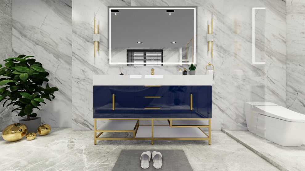 Madison 60" Free Standing Single Sink Vanity with Reinforced Acrylic Sink, High Gloss Blue