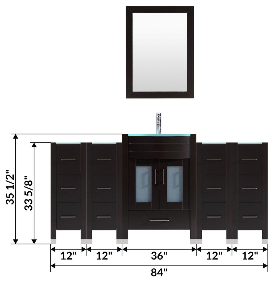 84" Black Vanity, 36" Single Sink Base, Quad 12 Drawer Bases, LV3-C9-84-B