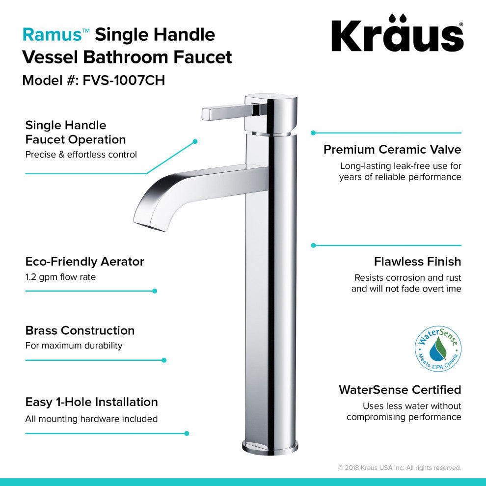 Elavo Square Ceramic Vessel Sink, Bathroom Ramus Faucet, PU Drain, Chrome
