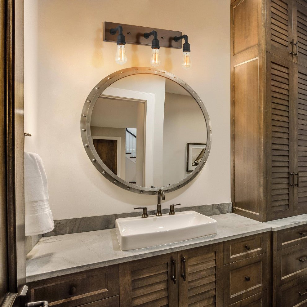 LALUZ 3-Light Black and Brown Water Pipe Farmhouse Bathroom Vanity Lights