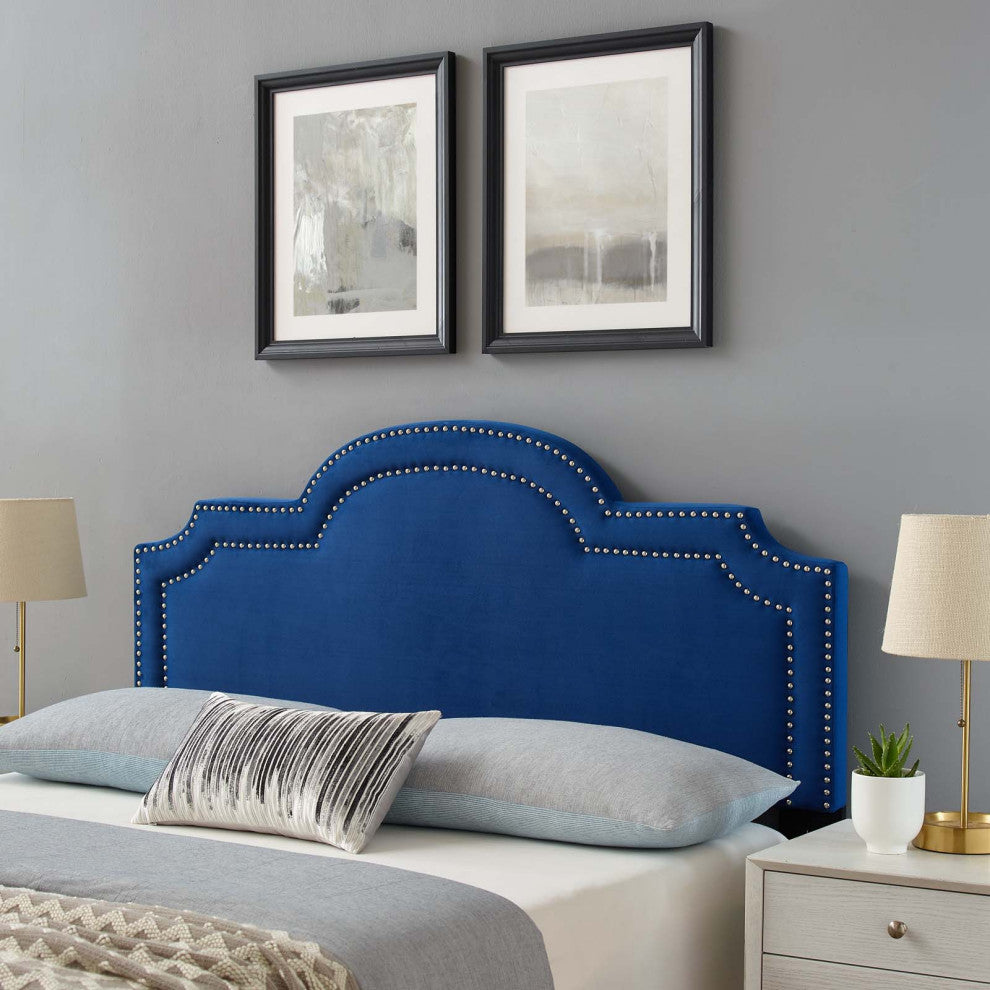 Headboard, Nailhead, Twin Size, Blue Navy, Velvet, Modern, Mid Century Guest