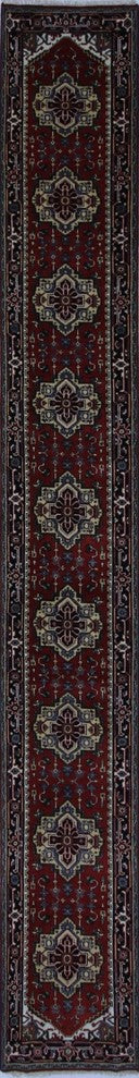 Heriz Serapi Red and Black Hand-Knotted Wool Rug, 3'x20'