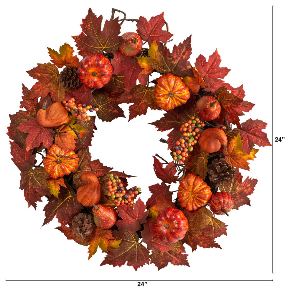 24" Autumn Maple Leaves, Pumpkin, Pinecone and Berries Artificial Fall Wreath