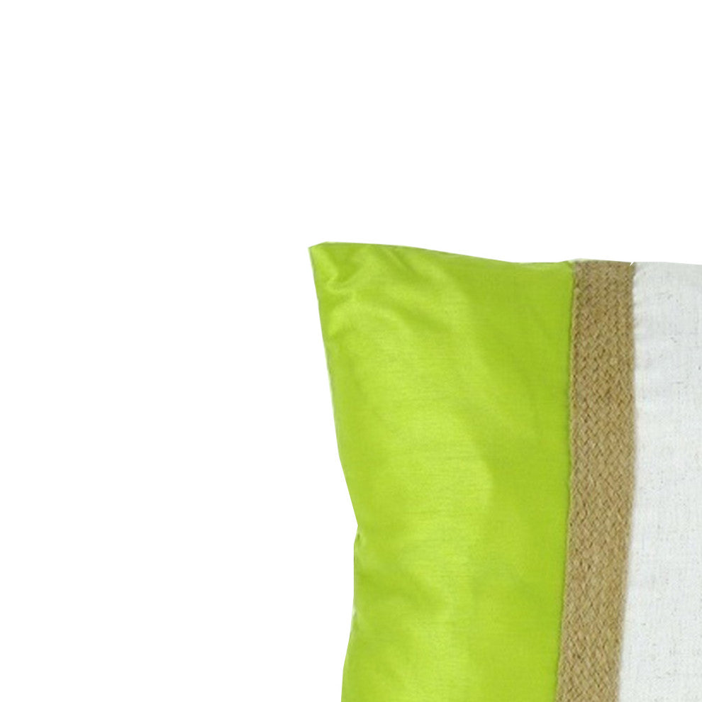 Benzara BM229379 Fabric Accent Pillow With Jute Strip, White and Green