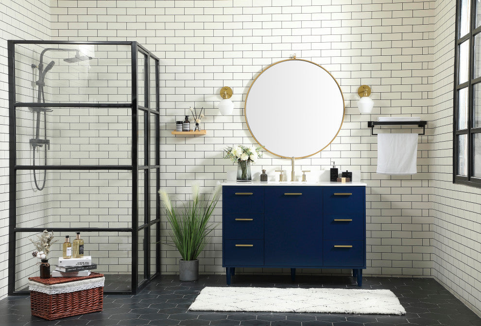 Home Living Modern Natural Oak-Light Bathroom Vanity, Blue, 48"