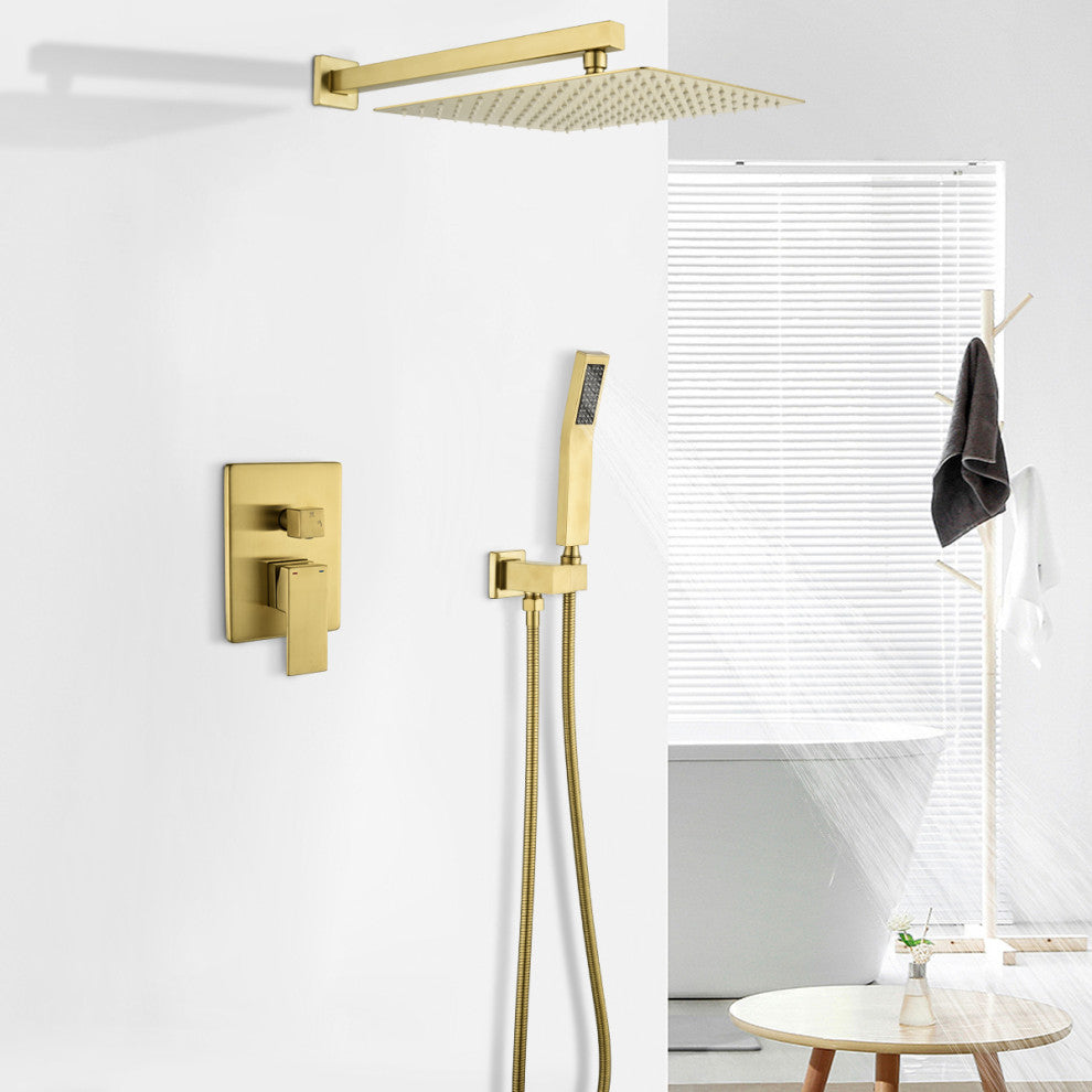 Wellfor Shower Faucet with Rain Shower Head, Handheld Shower and Valve, Brushed Gold, 12" Shower Head