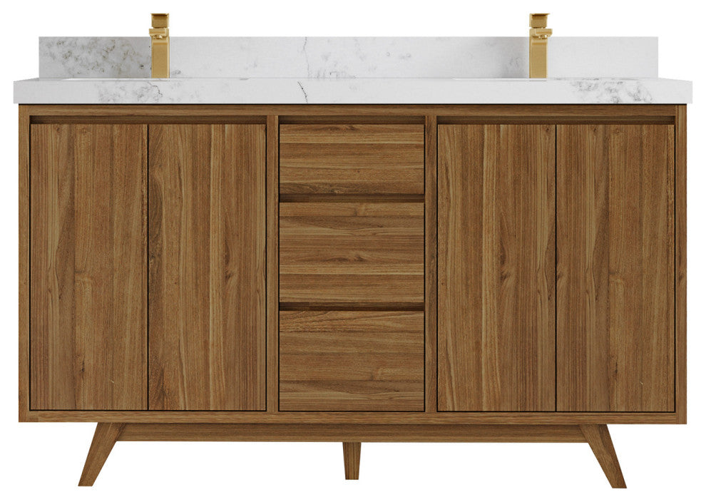 Madison Teak 60 Double Bathroom Vanity in Dark Natural 2" Calacatta Nuvo