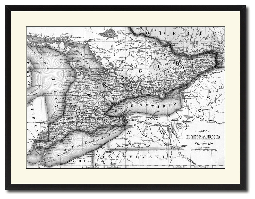 Ontario Canada Vintage B&W Map Canvas Print, 28"x37"
