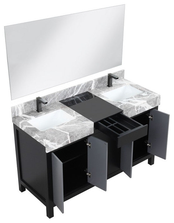 Zilara 55" Black and Grey Double Vanity Set, Balzani Gun Metal Faucet Sets