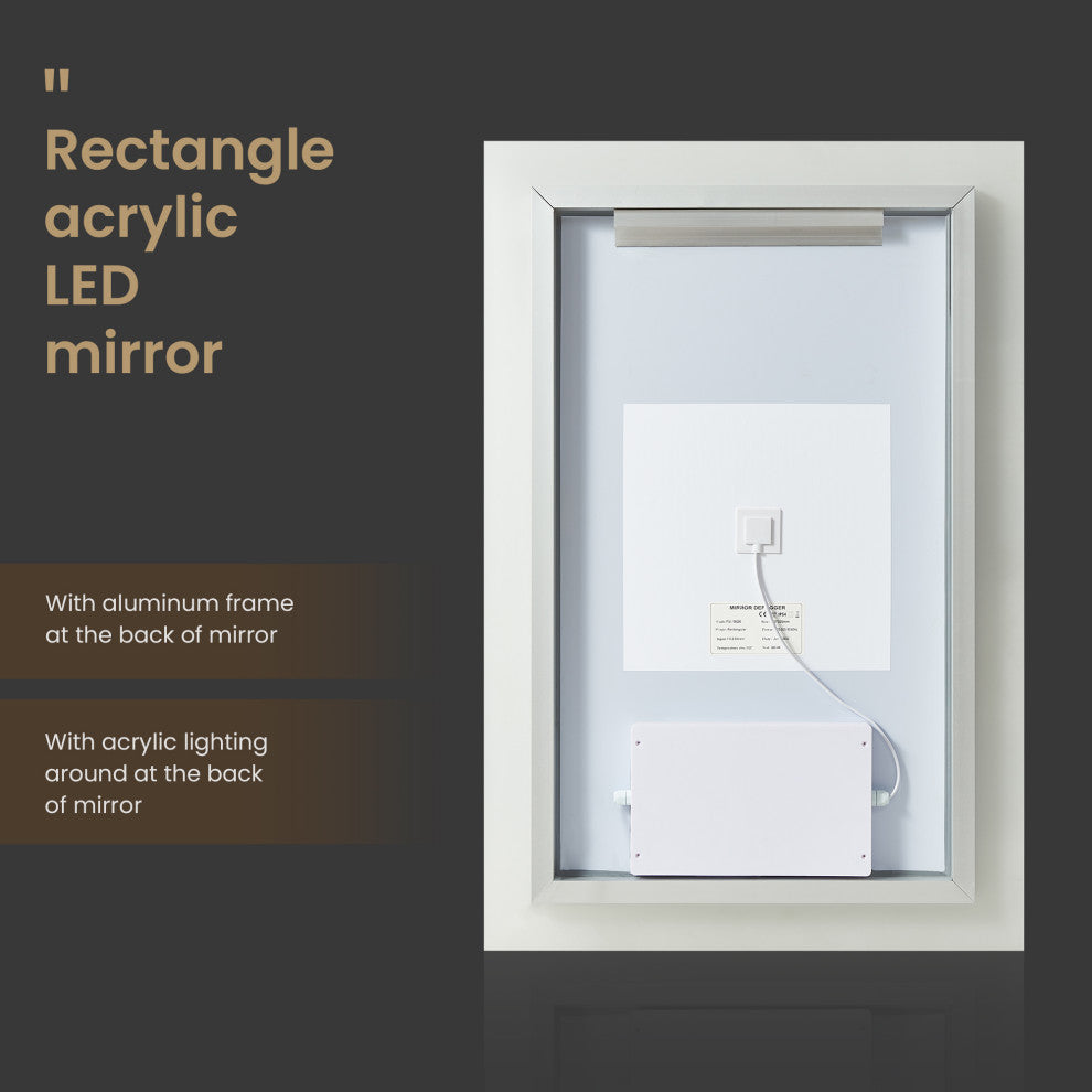 Beijing Rectangular Frameless LED Wall Bath Vanity Mirror, Acrylic, 24"w X 40"h