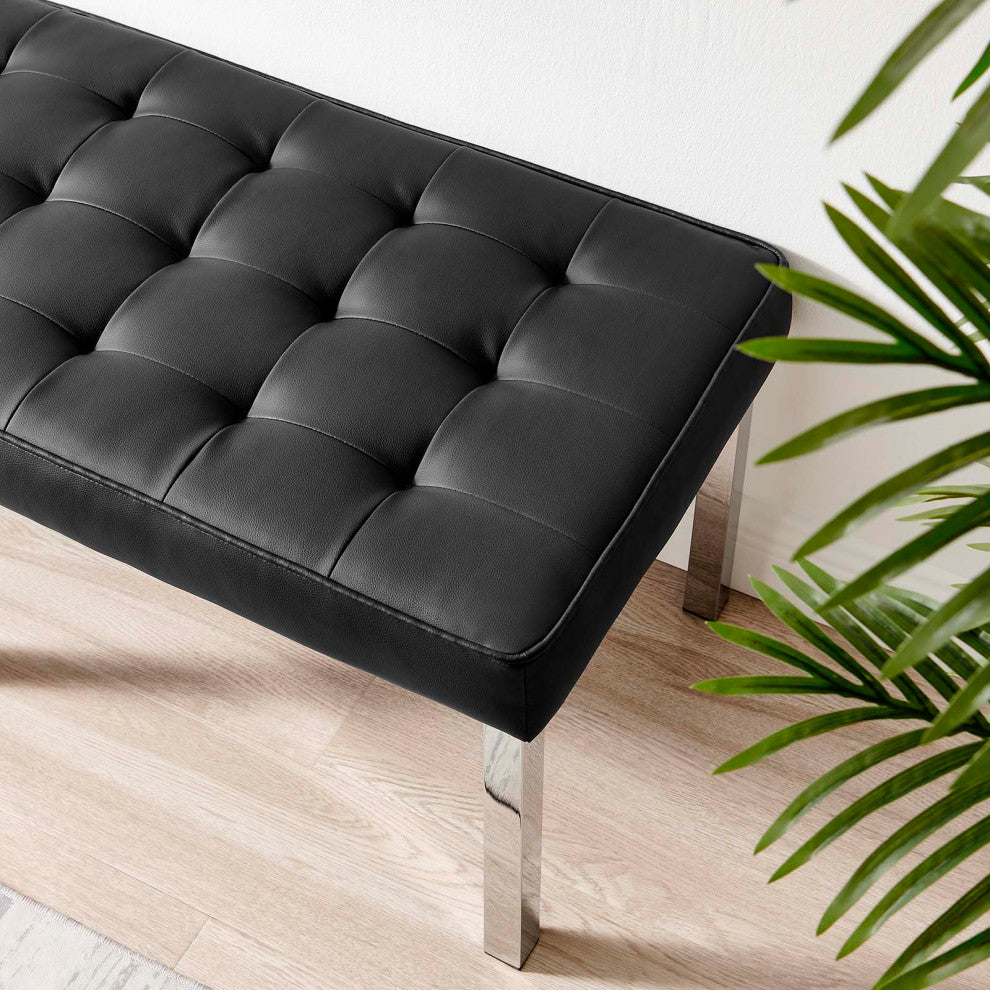 Loft Tufted Large Upholstered Faux Leather Bench Silver Black